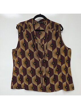 A...love Story Blouse Womens 2X Plus Multicolor V Neck Sleeveless Geometric Top